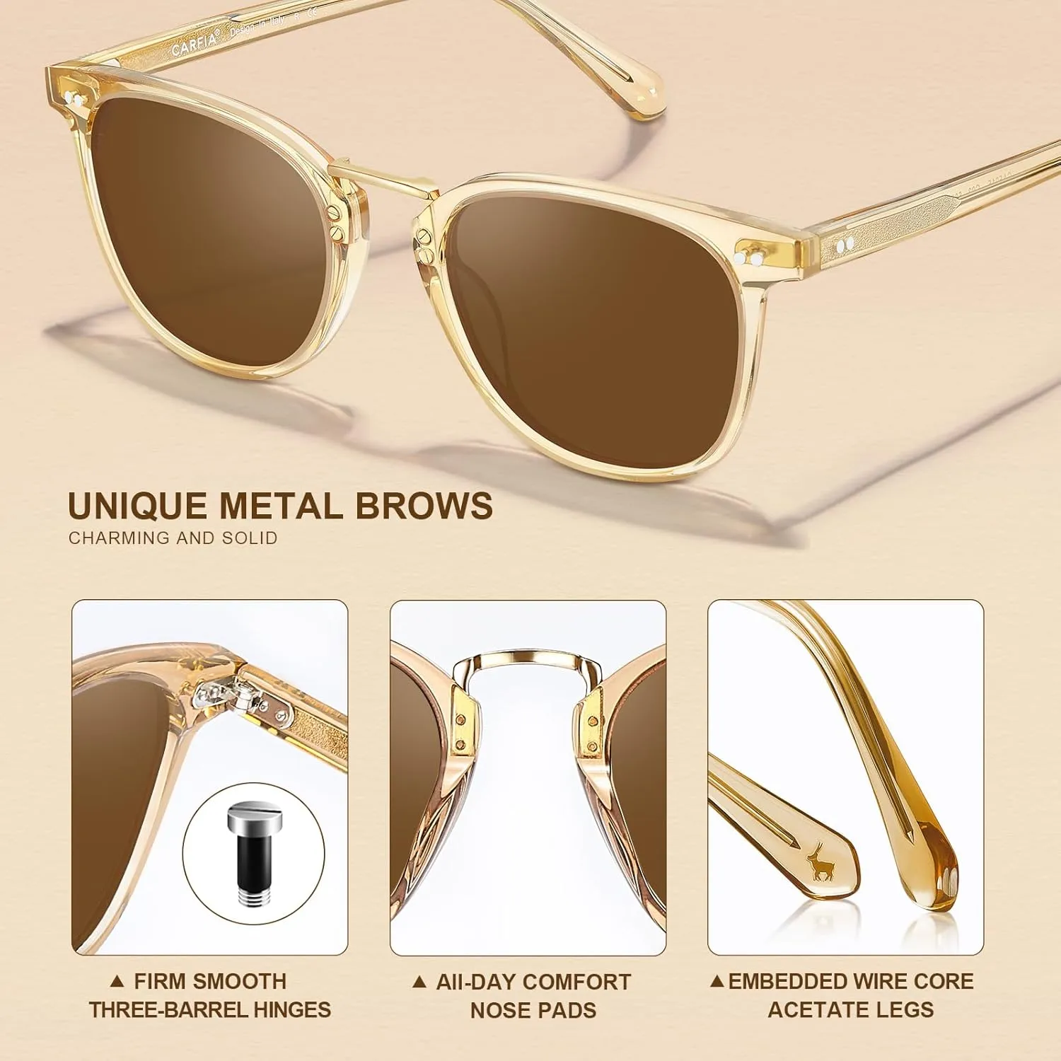 CARFIA Fashion Acetate Polarized Womens Sunglasses Small Face Retro Metal Bridge Sunnies CA5015