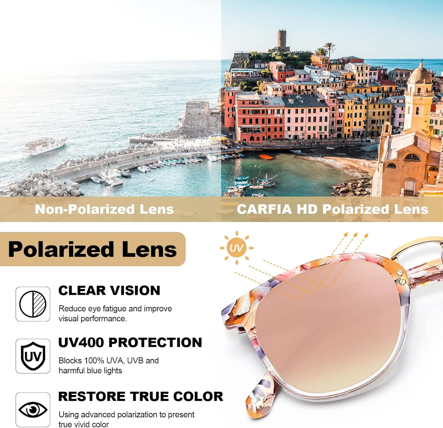 CARFIA Fashion Acetate Polarized Womens Sunglasses Small Face Retro Metal Bridge Sunnies CA5015