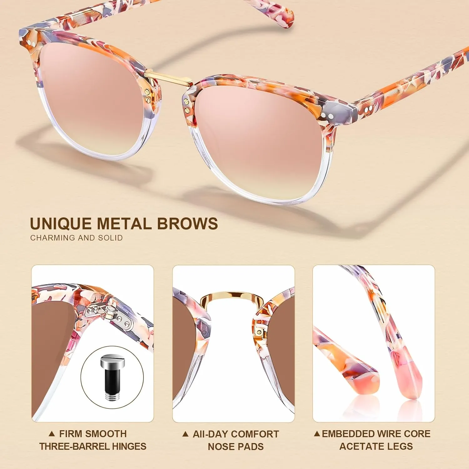 CARFIA Fashion Acetate Polarized Womens Sunglasses Small Face Retro Metal Bridge Sunnies CA5015
