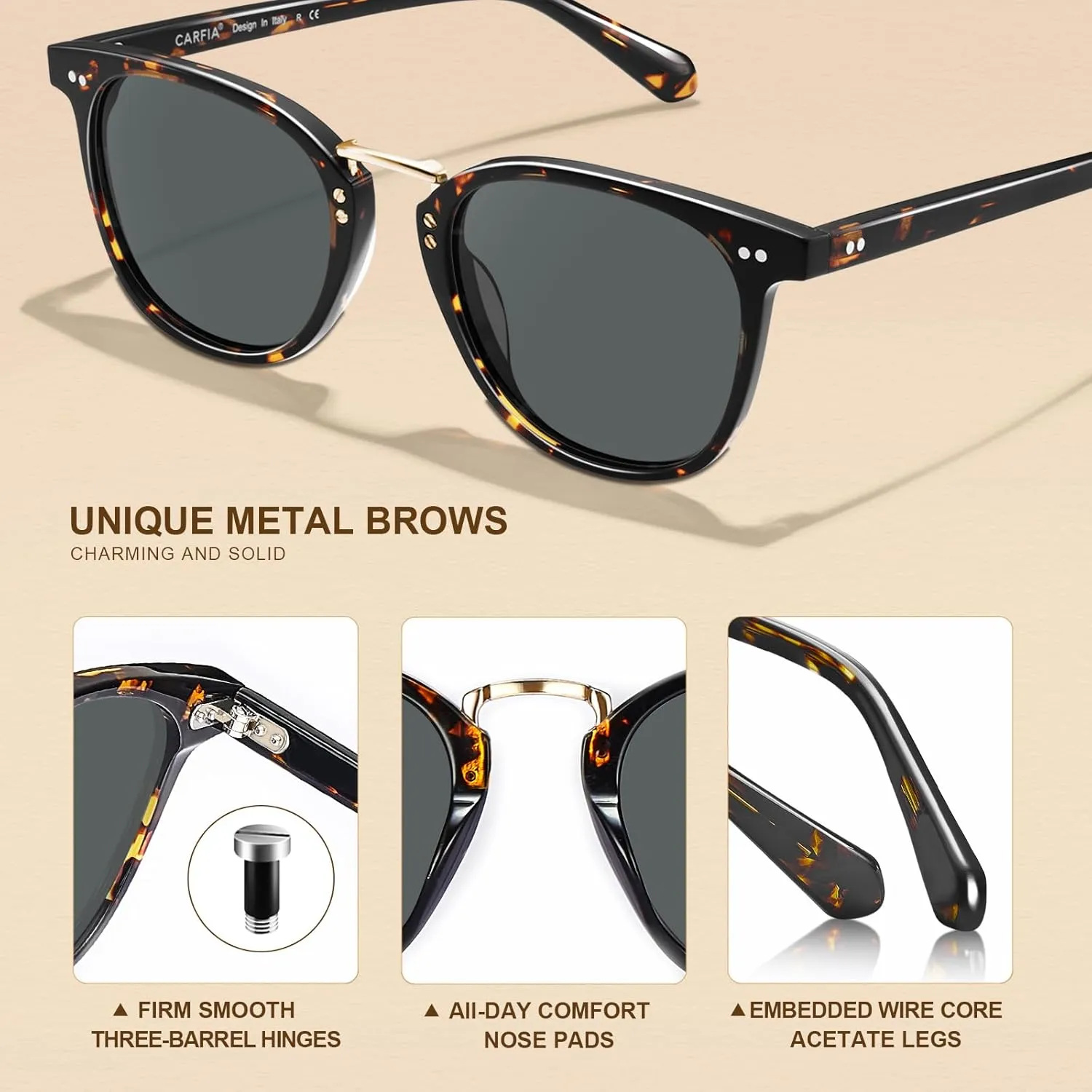 CARFIA Fashion Acetate Polarized Womens Sunglasses Small Face Retro Metal Bridge Sunnies CA5015