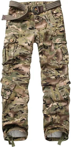 Cargo Pants for Men Casual Outdoor Relaxed Fit Camo Work Pants with 8 Pockets No Belt