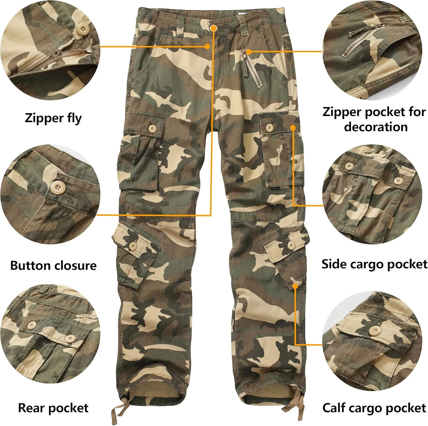 Cargo Pants for Men Casual Outdoor Relaxed Fit Camo Work Pants with 8 Pockets No Belt