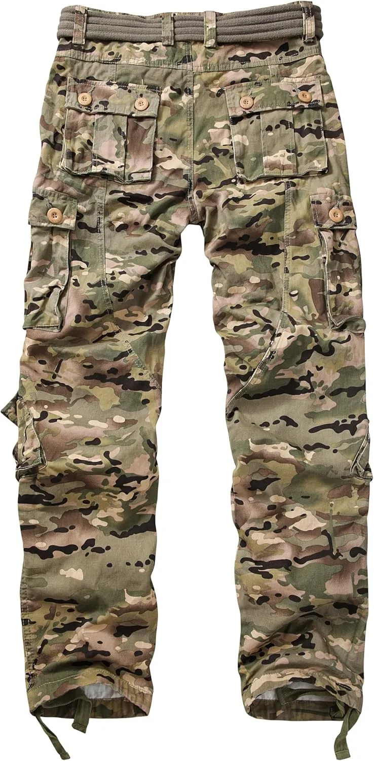 Cargo Pants for Men Casual Outdoor Relaxed Fit Camo Work Pants with 8 Pockets No Belt