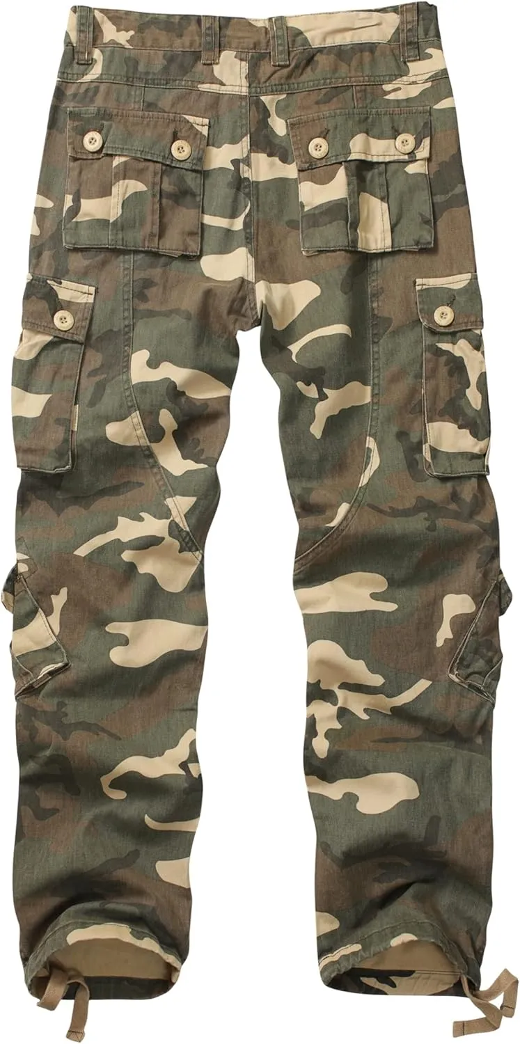 Cargo Pants for Men Casual Outdoor Relaxed Fit Camo Work Pants with 8 Pockets No Belt