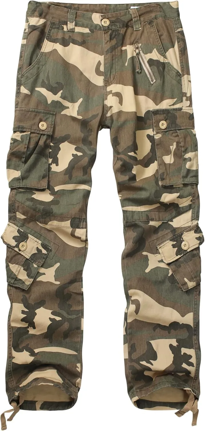 Cargo Pants for Men Casual Outdoor Relaxed Fit Camo Work Pants with 8 Pockets No Belt