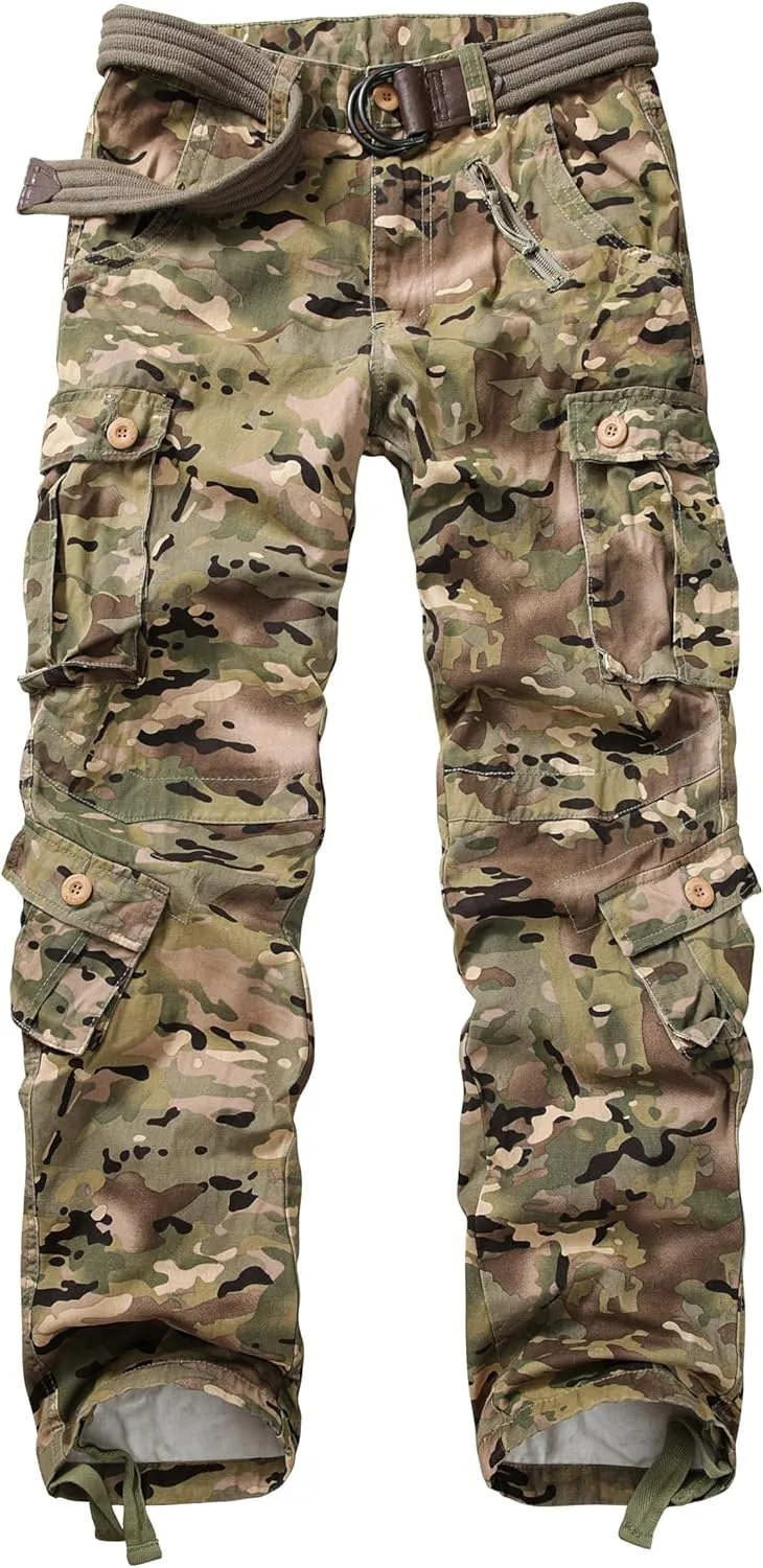 Cargo Pants for Men Casual Outdoor Relaxed Fit Camo Work Pants with 8 Pockets No Belt