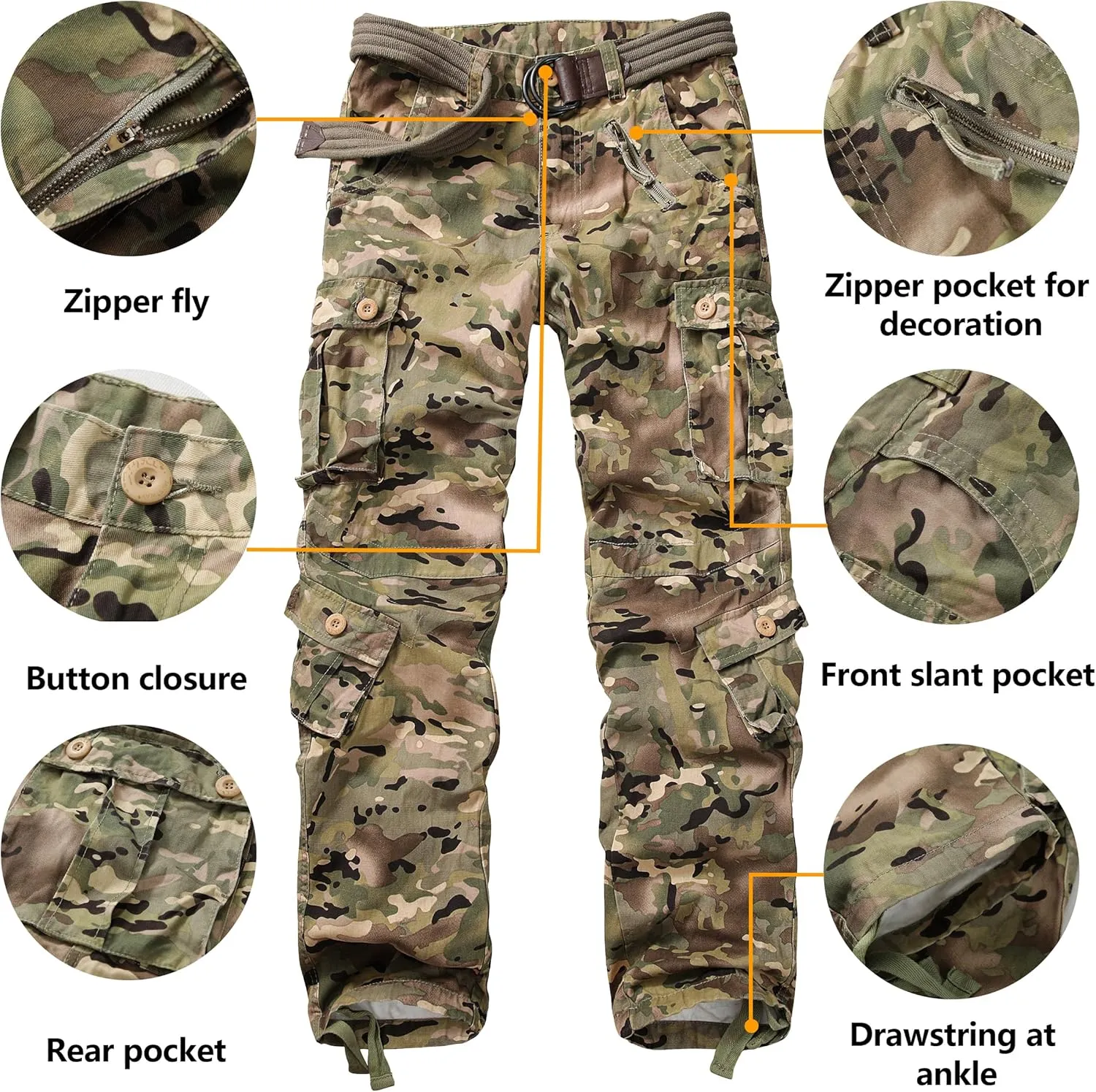 Cargo Pants for Men Casual Outdoor Relaxed Fit Camo Work Pants with 8 Pockets No Belt