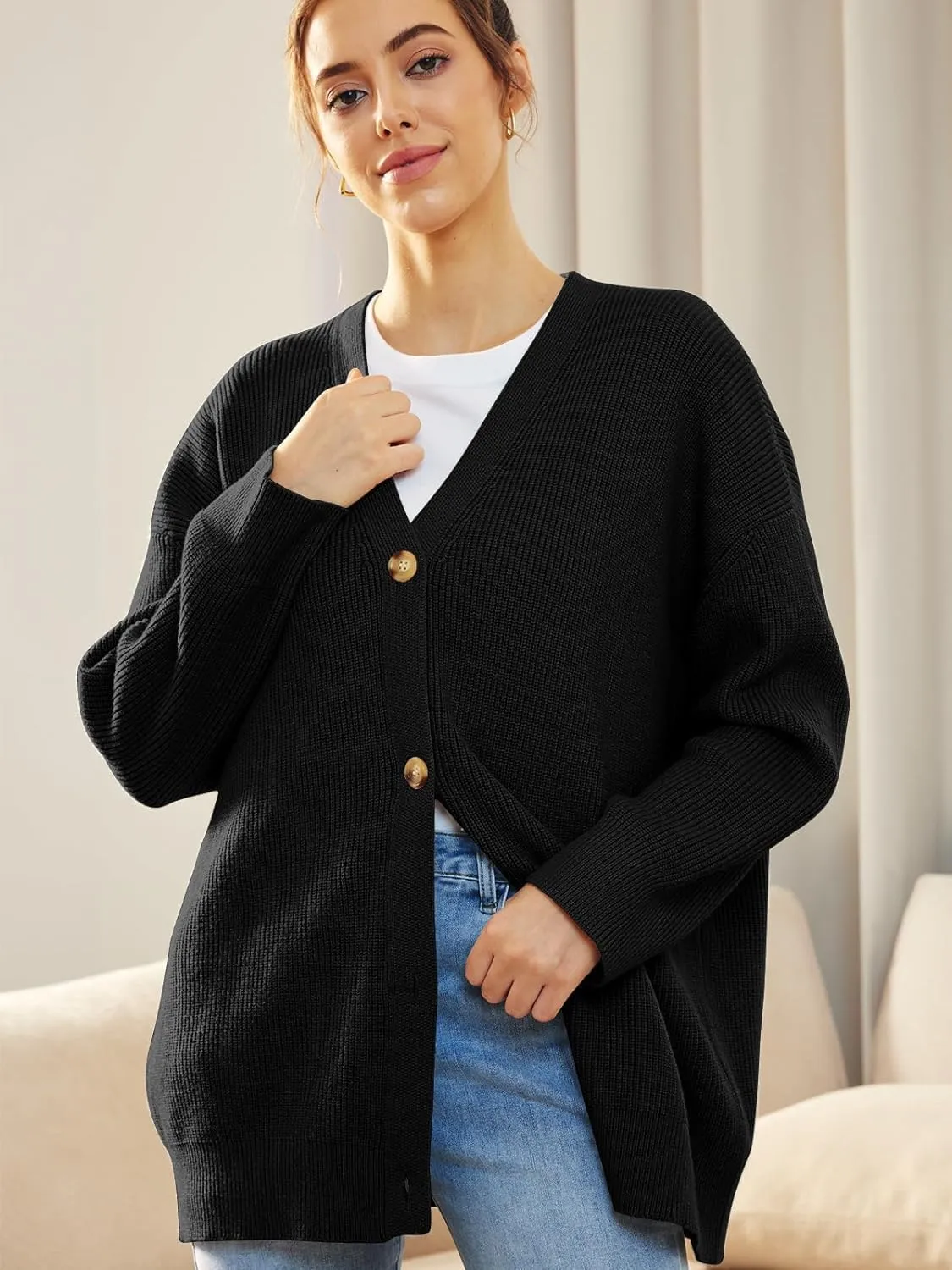 Cashmere Cocoon Cardigan for Women Open Front Oversized Button Down Chunky V Neck Fall Cardigans Sweaters Knit Coat