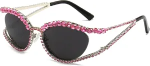 Cat Eye Sunglasses for Women Stylish Vintage Rhinestones Oval Shades Trendy Luxury Lady Sparkling Diamond Eyewear