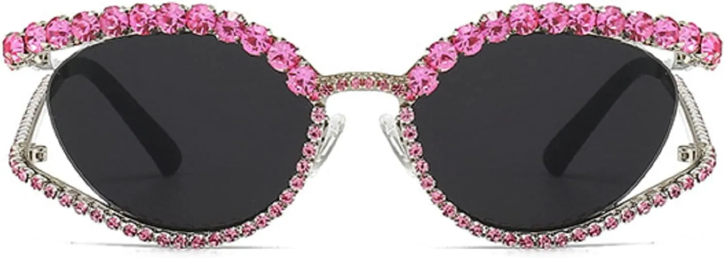 Cat Eye Sunglasses for Women Stylish Vintage Rhinestones Oval Shades Trendy Luxury Lady Sparkling Diamond Eyewear