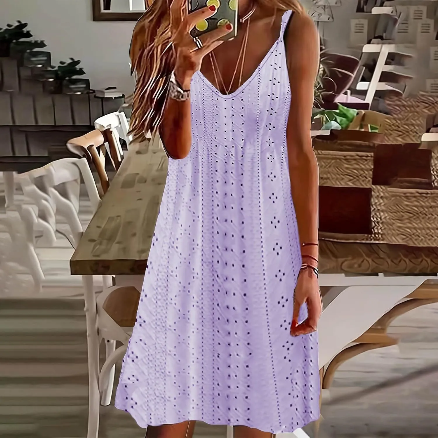 Ceboyel Womens Spaghetti Straps Summer Sundresses Eyelet Embroidery Dress Sleeveless Casual Dresses Trendy Boho Clothes 2024