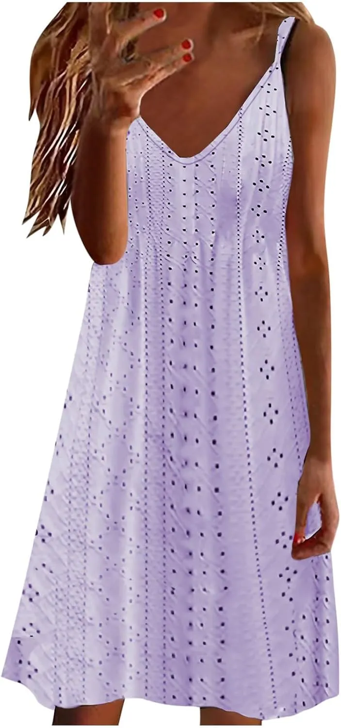 Ceboyel Womens Spaghetti Straps Summer Sundresses Eyelet Embroidery Dress Sleeveless Casual Dresses Trendy Boho Clothes 2024