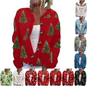 Christmas Cardigan for Women 2024 Ugly Xmas Knit Button Down Open Front Cardigan Sweater Winter Warm Coat Outwaer