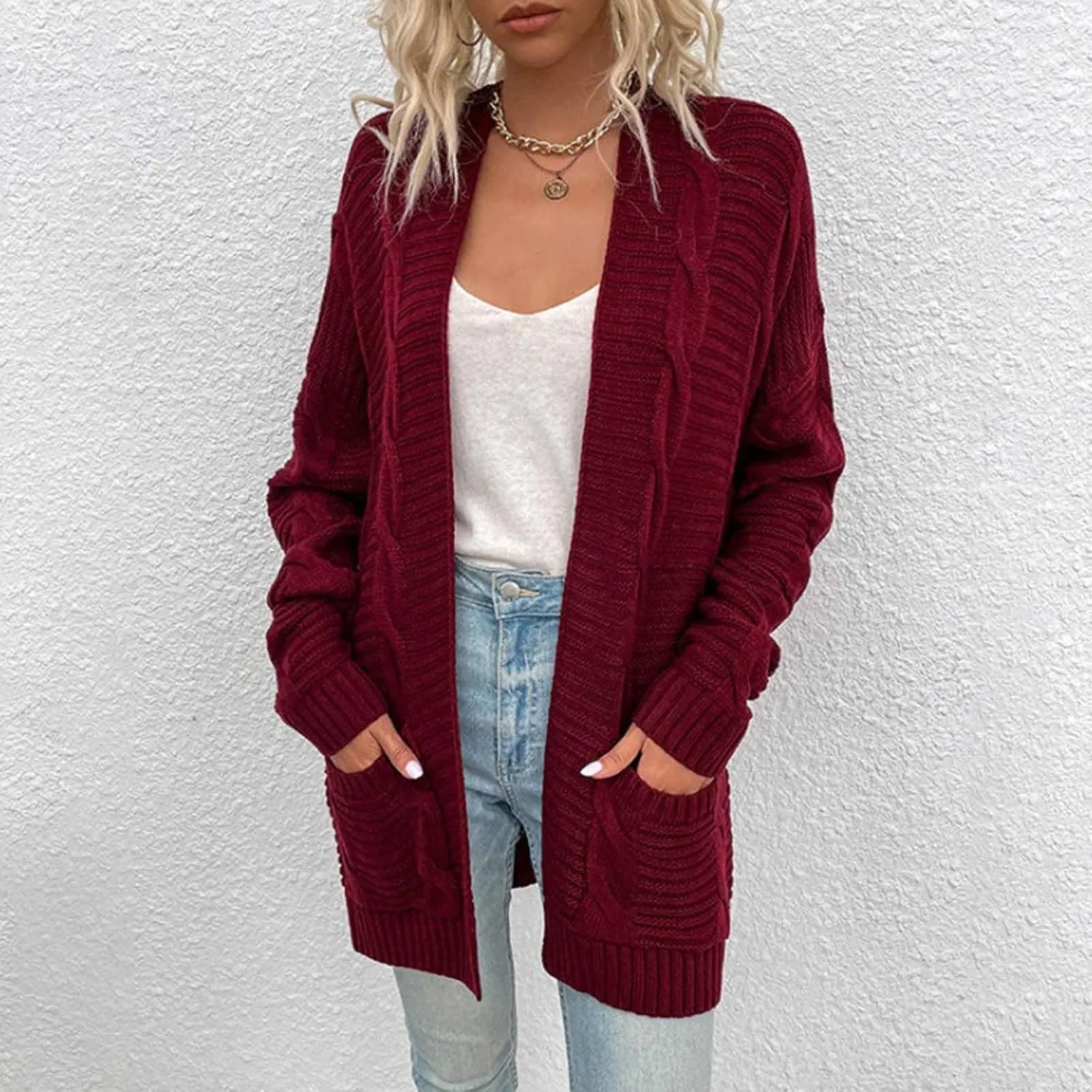 Chunky Cardigan Sweaters for Women Lightweight Long Sleeve Cardigan Cable Knit Open Front Cardigan with Pockets