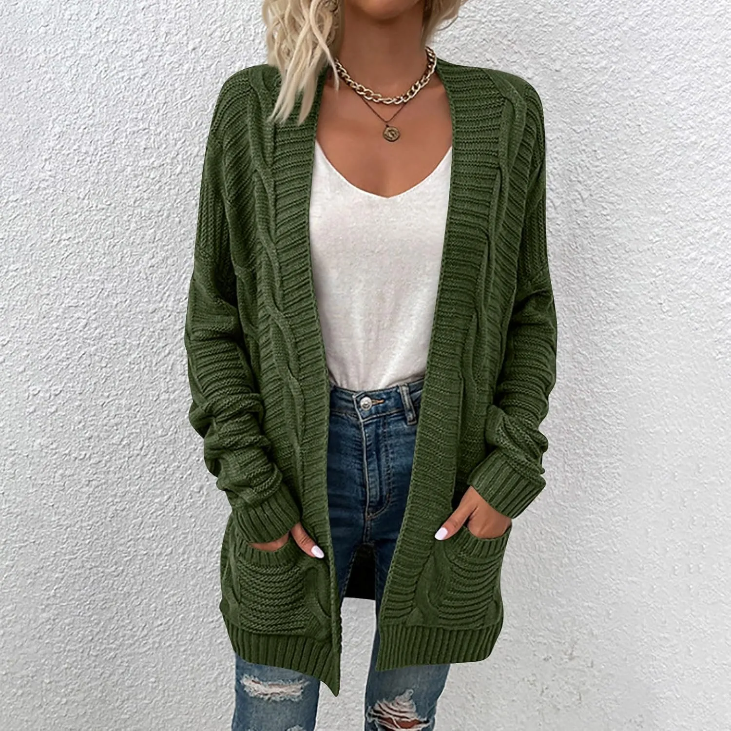 Chunky Cardigan Sweaters for Women Lightweight Long Sleeve Cardigan Cable Knit Open Front Cardigan with Pockets
