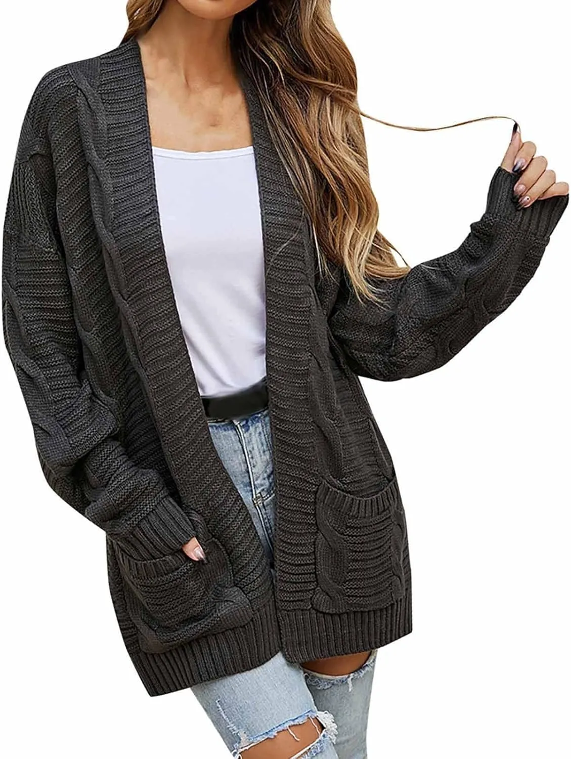 Chunky Cardigan Sweaters for Women Lightweight Long Sleeve Cardigan Cable Knit Open Front Cardigan with Pockets