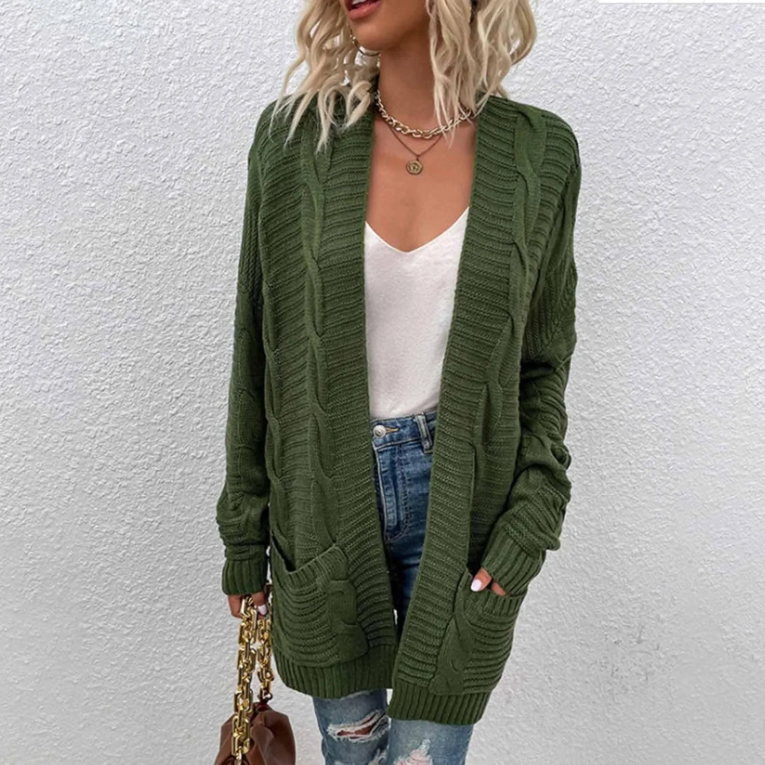 Chunky Cardigan Sweaters for Women Lightweight Long Sleeve Cardigan Cable Knit Open Front Cardigan with Pockets