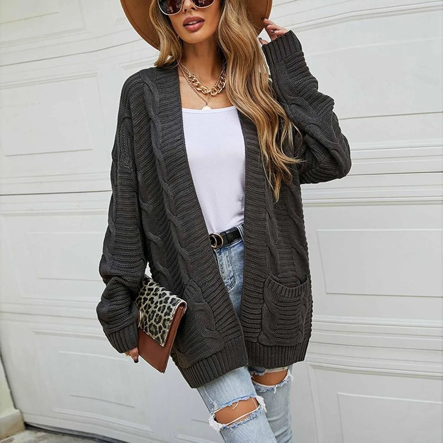Chunky Cardigan Sweaters for Women Lightweight Long Sleeve Cardigan Cable Knit Open Front Cardigan with Pockets
