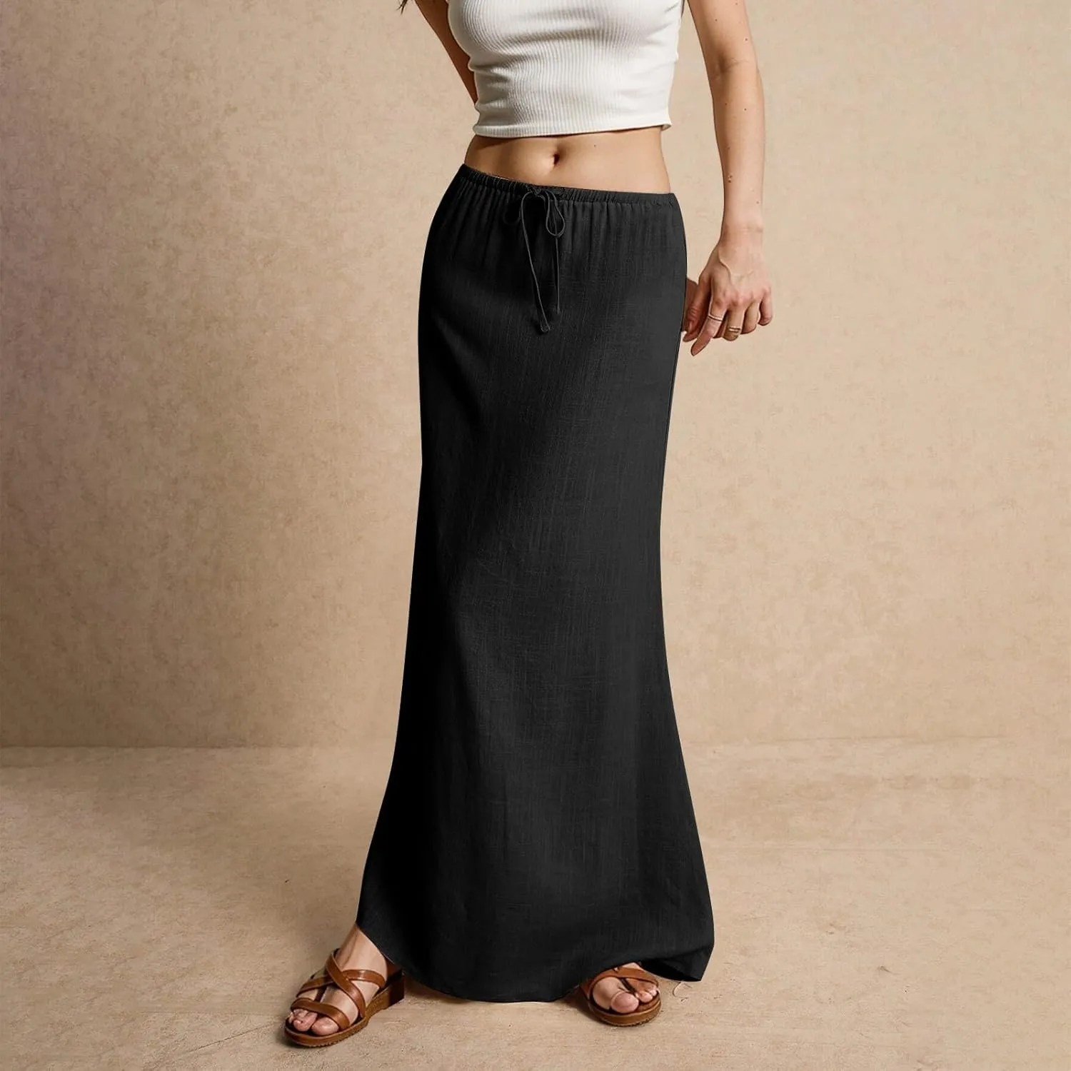 Cotton Linen Skirts for Women Maxi Length Summer Skirts Drawstring Low Rise A-Line Casual Loose Flowy Long Beach Skirt