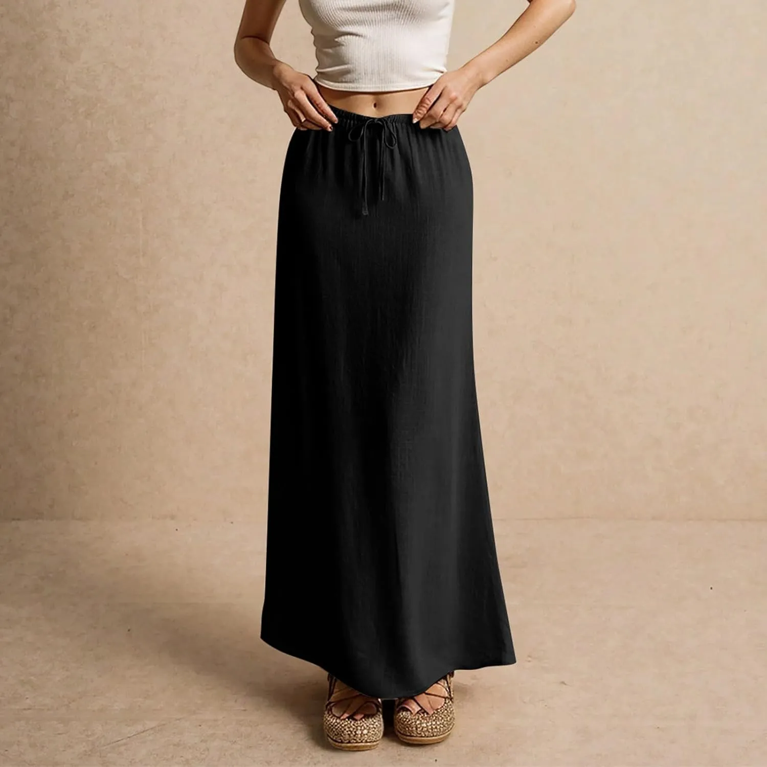 Cotton Linen Skirts for Women Maxi Length Summer Skirts Drawstring Low Rise A-Line Casual Loose Flowy Long Beach Skirt