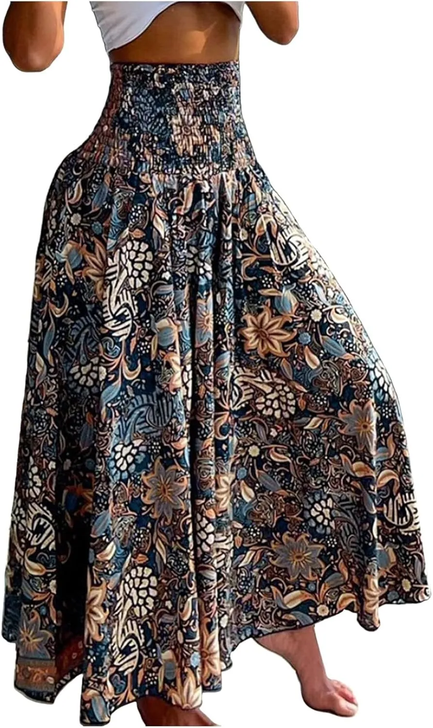 Cute Skirts for Women Trendy High Elastic Waist Paisley Print Loose Pleated Long Flowy Maxi Skirts Ladies Boha Dress