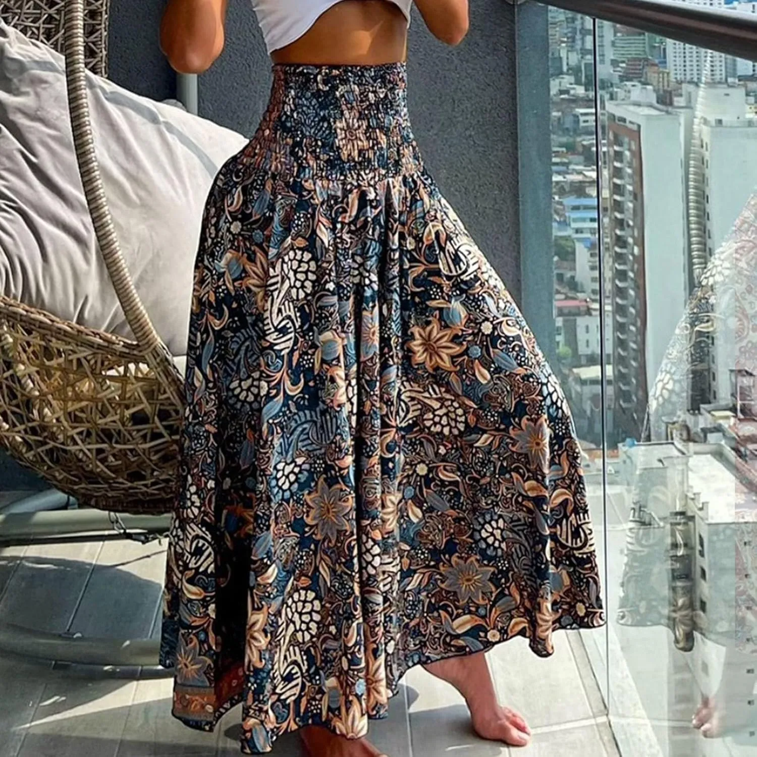 Cute Skirts for Women Trendy High Elastic Waist Paisley Print Loose Pleated Long Flowy Maxi Skirts Ladies Boha Dress