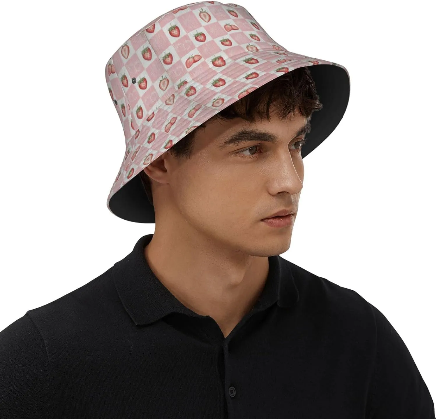 Cute Strawberry Print Bucket Hat for Men Women Wide Brim Fishing Beach Strawberry Sun Hats