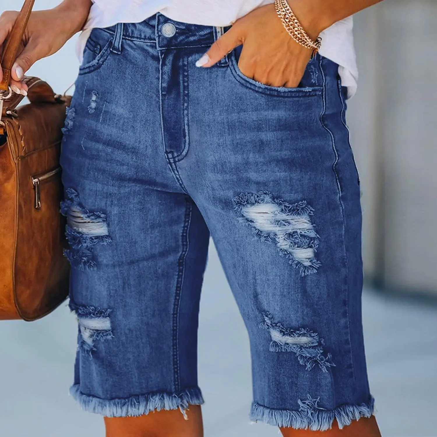 Denim Bermuda Shorts for Women Stretchy High Waisted, Jean Shorts for Teen Girls Baggy Ripped Trendy Casual Y2k Jorts