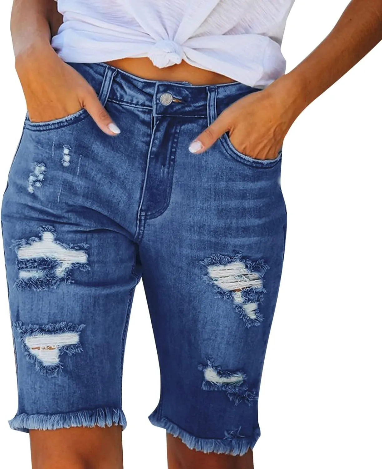 Denim Bermuda Shorts for Women Stretchy High Waisted, Jean Shorts for Teen Girls Baggy Ripped Trendy Casual Y2k Jorts