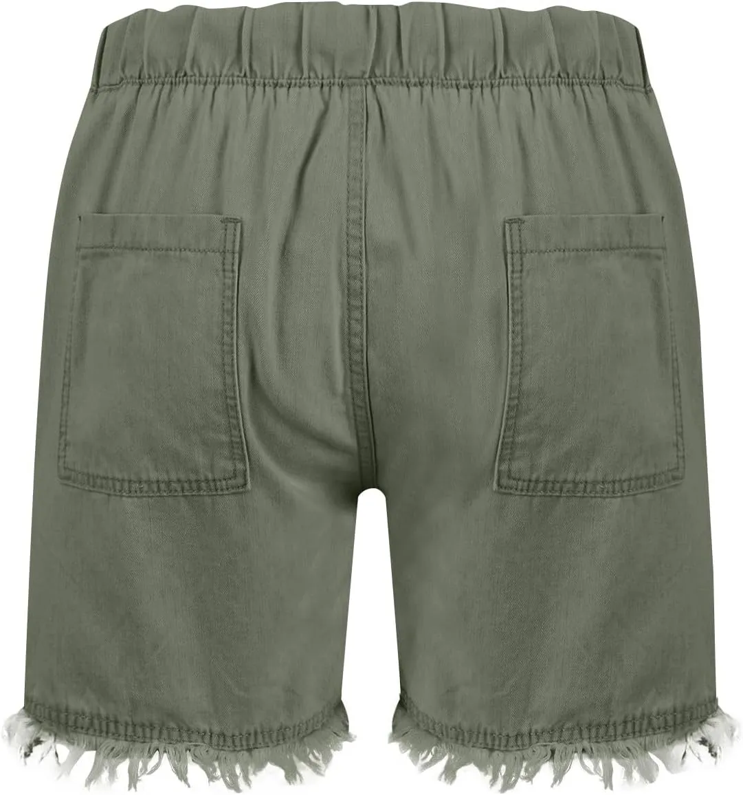 Denim Shorts Women Casual High Waisted Drawstring Stretchy Jean Shorts Cut Off Frayed Hem Summer Shorts with Pockets