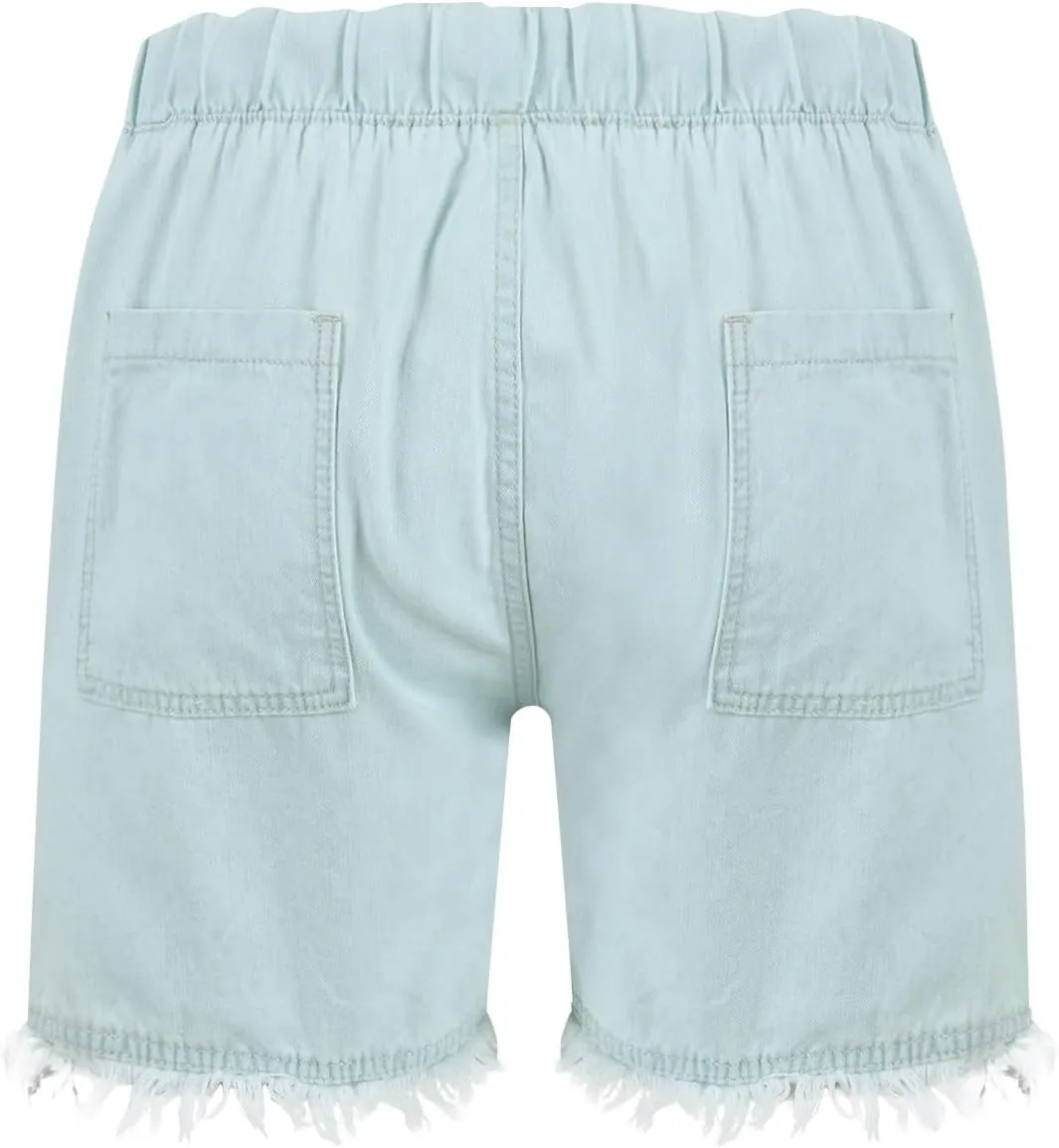 Denim Shorts Women Casual High Waisted Drawstring Stretchy Jean Shorts Cut Off Frayed Hem Summer Shorts with Pockets