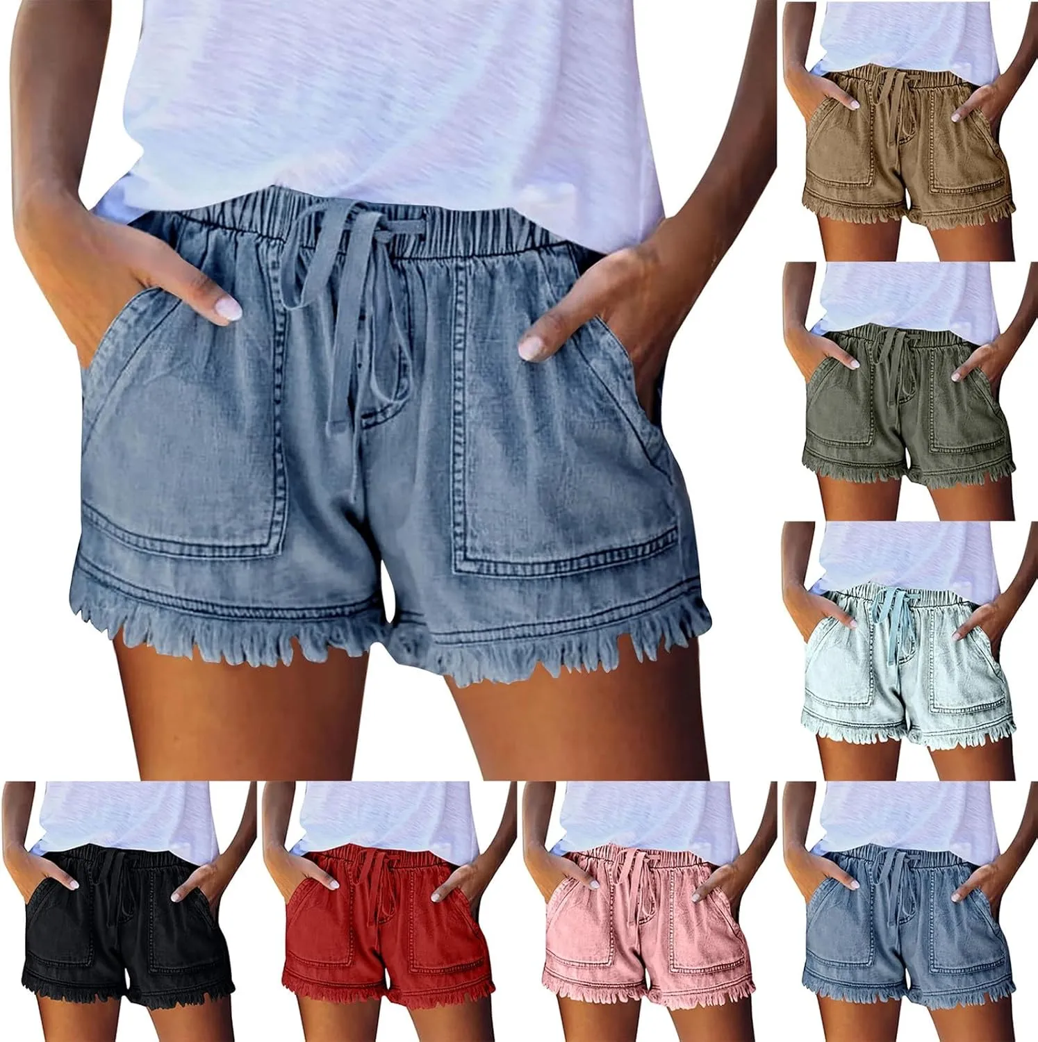 Denim Shorts Women Casual High Waisted Drawstring Stretchy Jean Shorts Cut Off Frayed Hem Summer Shorts with Pockets