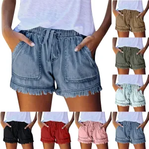 Denim Shorts Women Casual High Waisted Drawstring Stretchy Jean Shorts Cut Off Frayed Hem Summer Shorts with Pockets