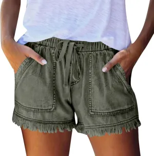 Denim Shorts Women Casual High Waisted Drawstring Stretchy Jean Shorts Cut Off Frayed Hem Summer Shorts with Pockets