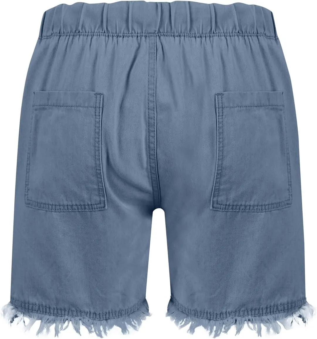 Denim Shorts Women Casual High Waisted Drawstring Stretchy Jean Shorts Cut Off Frayed Hem Summer Shorts with Pockets