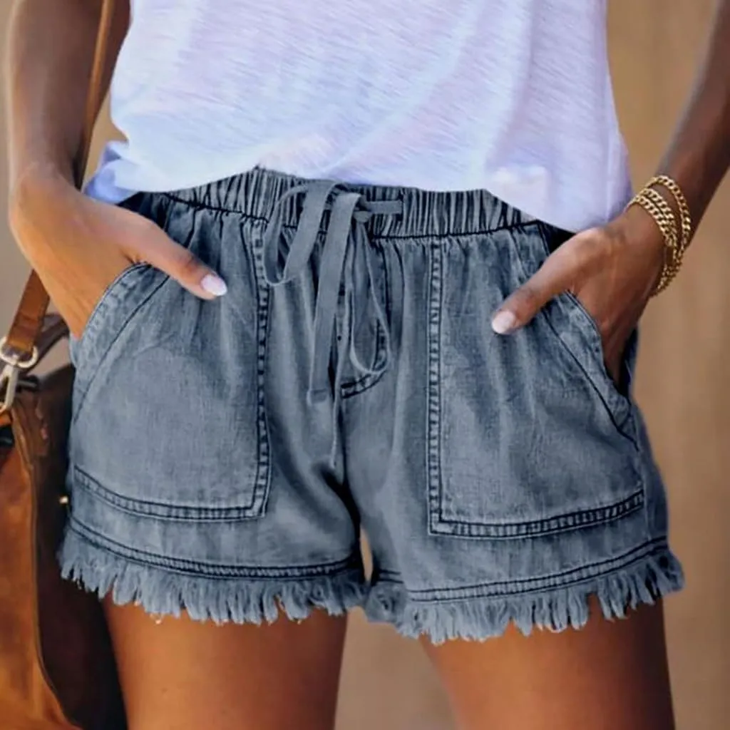 Denim Shorts Women Casual High Waisted Drawstring Stretchy Jean Shorts Cut Off Frayed Hem Summer Shorts with Pockets