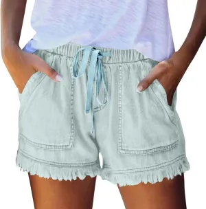 Denim Shorts Women Casual High Waisted Drawstring Stretchy Jean Shorts Cut Off Frayed Hem Summer Shorts with Pockets