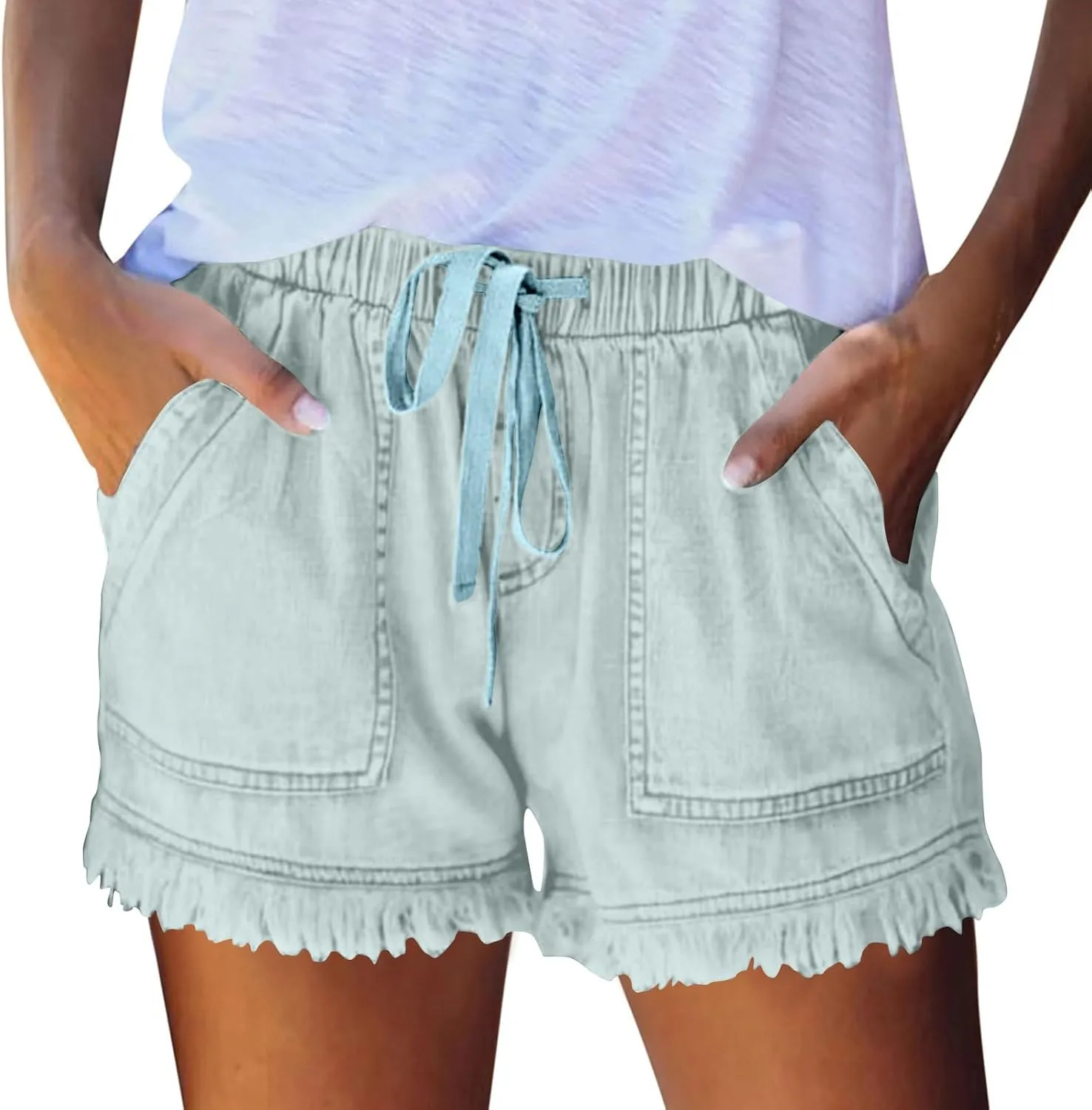 Denim Shorts Women Casual High Waisted Drawstring Stretchy Jean Shorts Cut Off Frayed Hem Summer Shorts with Pockets