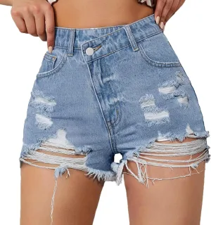 Denim Shorts Women Stretchy High Waisted Solid Cute Boyfriend Jean Shorts with Pockets Frayed Raw Hem Slim Shorts Summer Shorts for Women