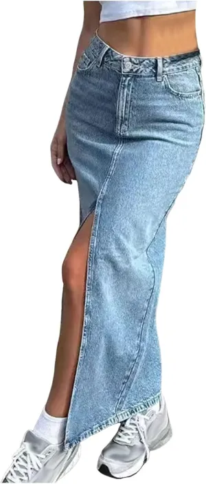 Denim Skirt with Shorts Underneath High Waist Asymmetric Pleated Maxi A-Line Front Slit 2024 New Denim Skirt