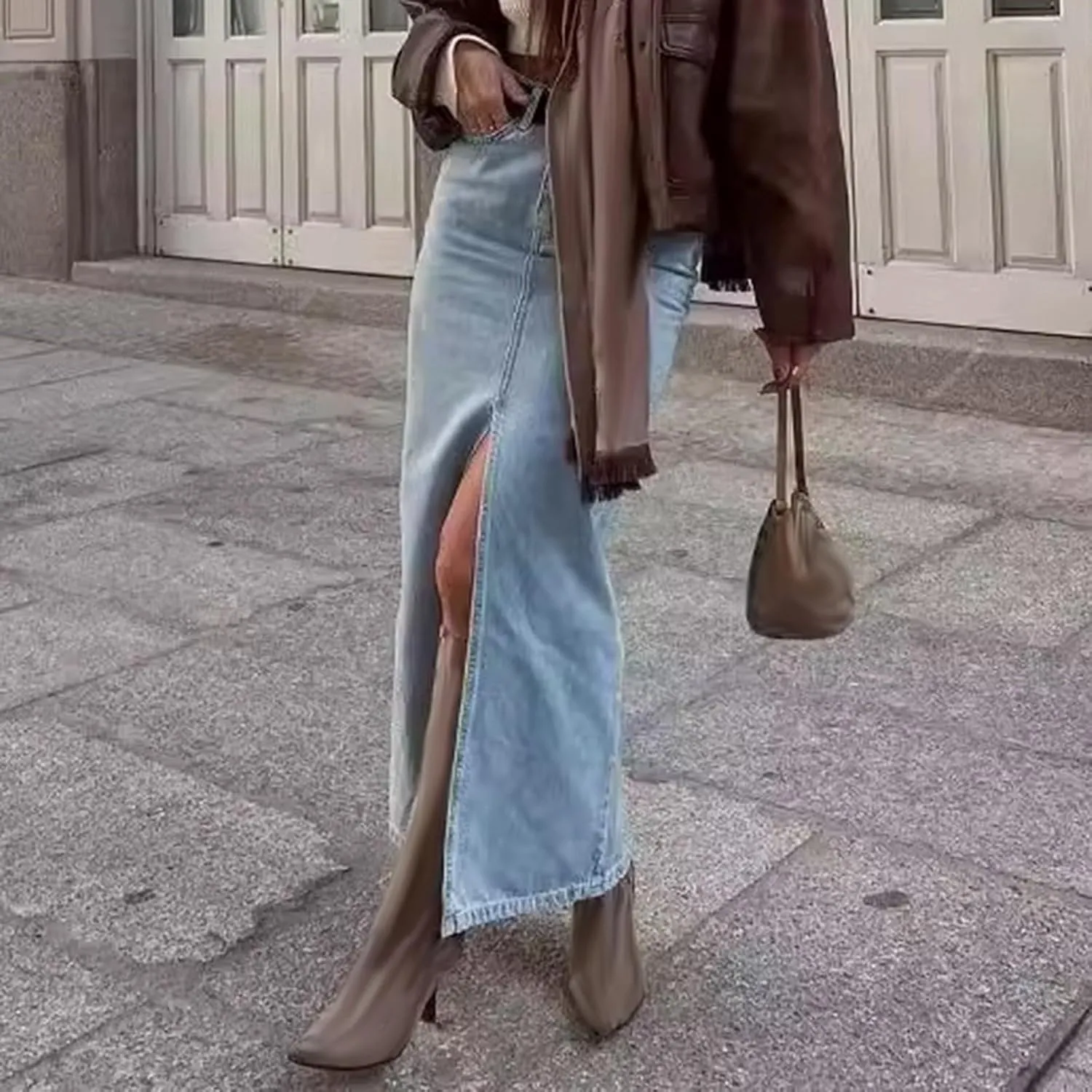 Denim Skirt with Shorts Underneath High Waist Asymmetric Pleated Maxi A-Line Front Slit 2024 New Denim Skirt