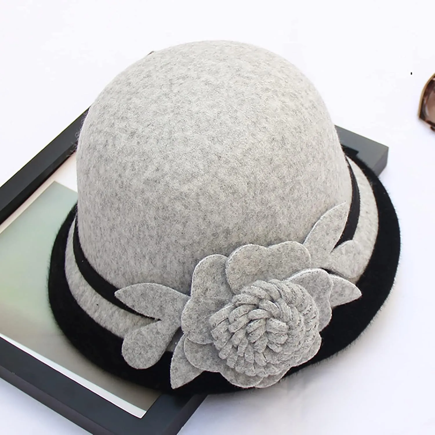 Derby Hats for Women Faux Wool Fascinators Bowler Hats with Flower Vintage Church Tea Party Basin Cap Bucket Caps