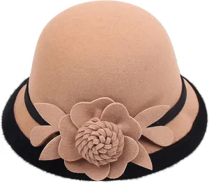 Derby Hats for Women Faux Wool Fascinators Bowler Hats with Flower Vintage Church Tea Party Basin Cap Bucket Caps