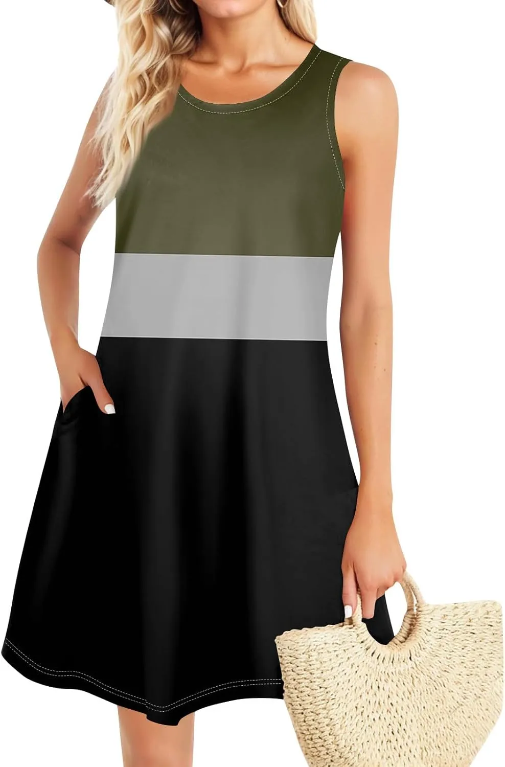 Dress for Women Spring Tank Dress Short Sun Dresses Sleeveless Patterned A Line Dresses Summer Flowy with Pocket