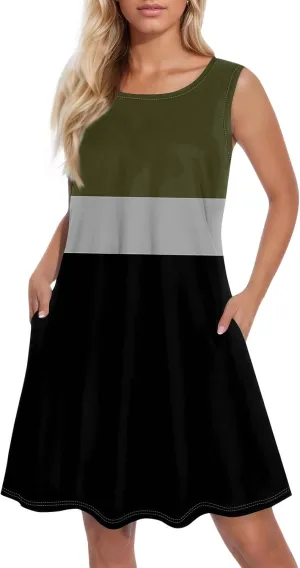Dress for Women Spring Tank Dress Short Sun Dresses Sleeveless Patterned A Line Dresses Summer Flowy with Pocket