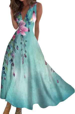 Dresses for Women 2025 Casual Long Dress Floral A Line Dress Fashion Beach Dress Hawaii Boho Floral Print Sundresses