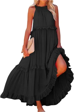 Elegant Women's Sleeveless Maxi Summer Beach Long Loose Flowy Ruffle Tiered Maxi Dress with Pockets