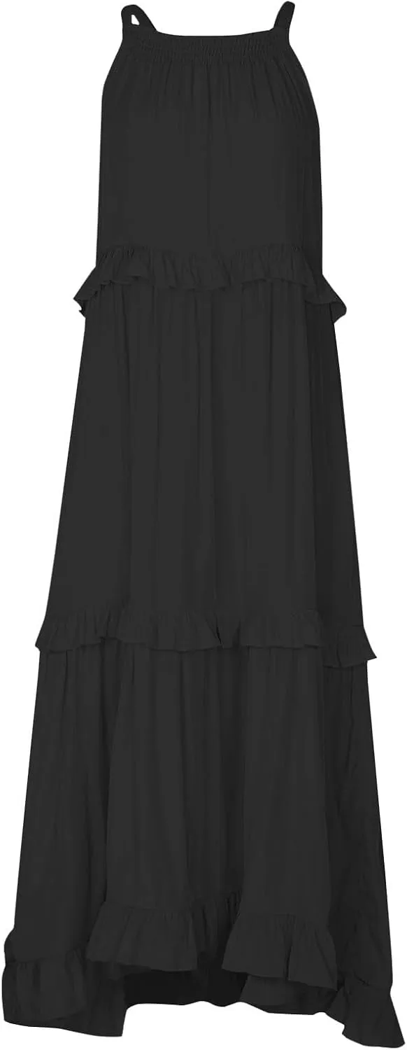 Elegant Women's Sleeveless Maxi Summer Beach Long Loose Flowy Ruffle Tiered Maxi Dress with Pockets