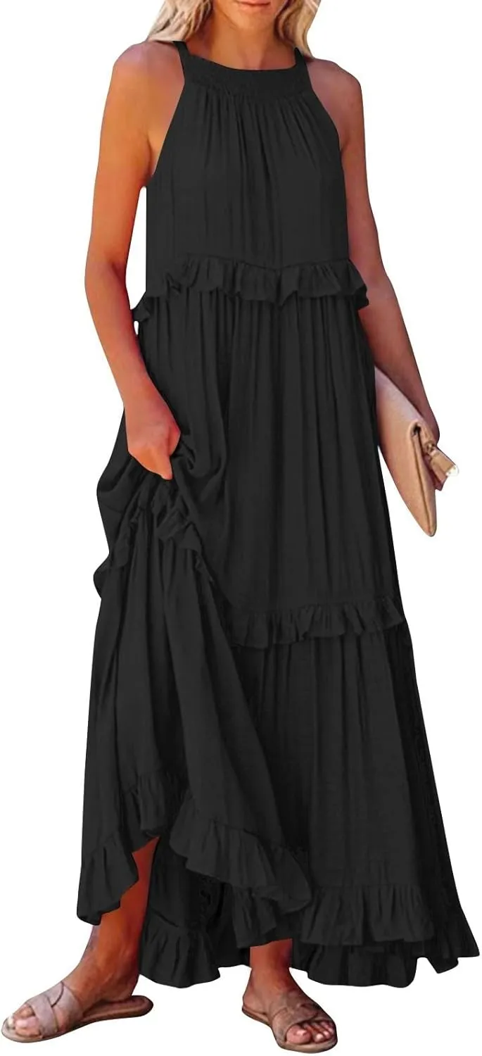 Elegant Women's Sleeveless Maxi Summer Beach Long Loose Flowy Ruffle Tiered Maxi Dress with Pockets