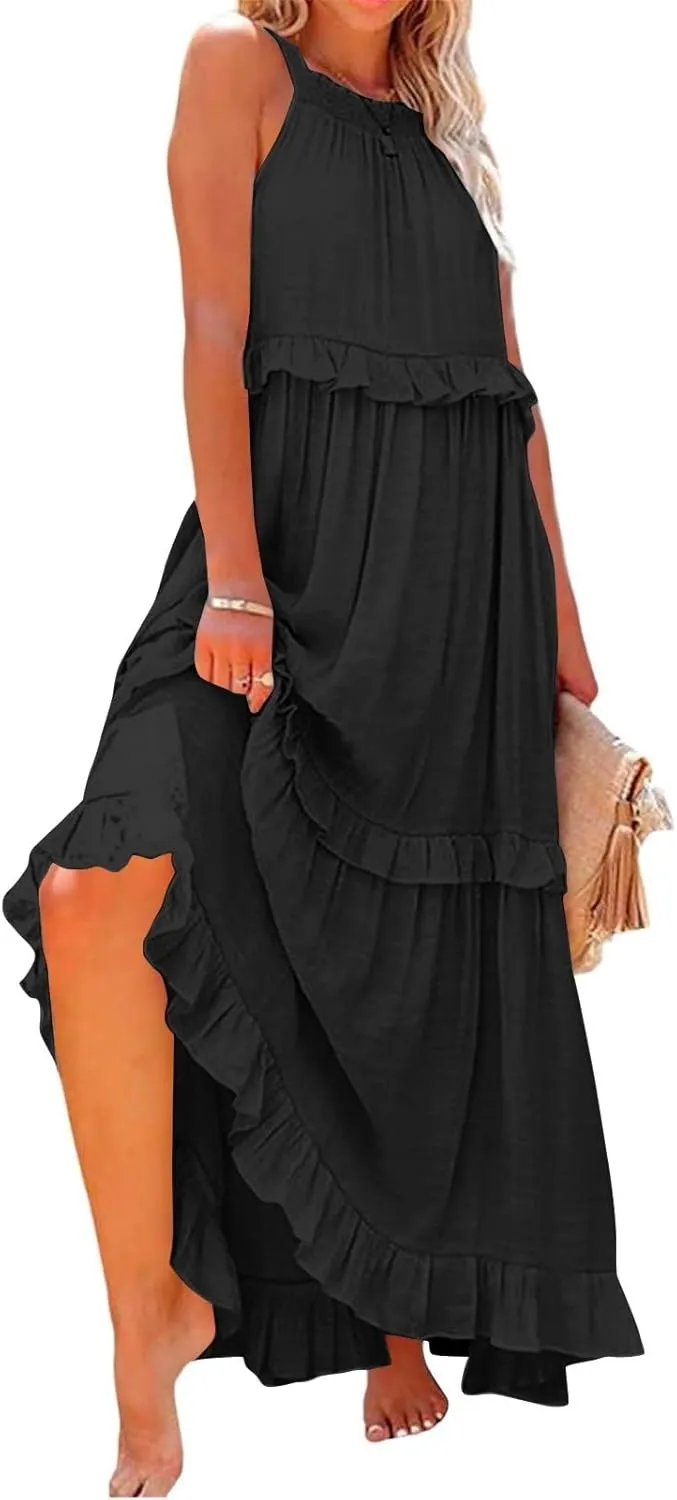 Elegant Women's Sleeveless Maxi Summer Beach Long Loose Flowy Ruffle Tiered Maxi Dress with Pockets